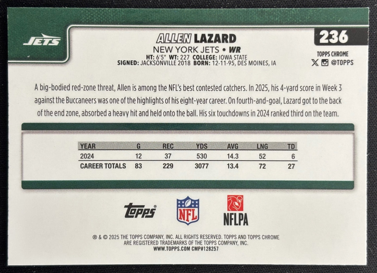 Allen Lazard 2025 Topps Chrome Red/White/Blue Refractor Jets Sports Trading Cards