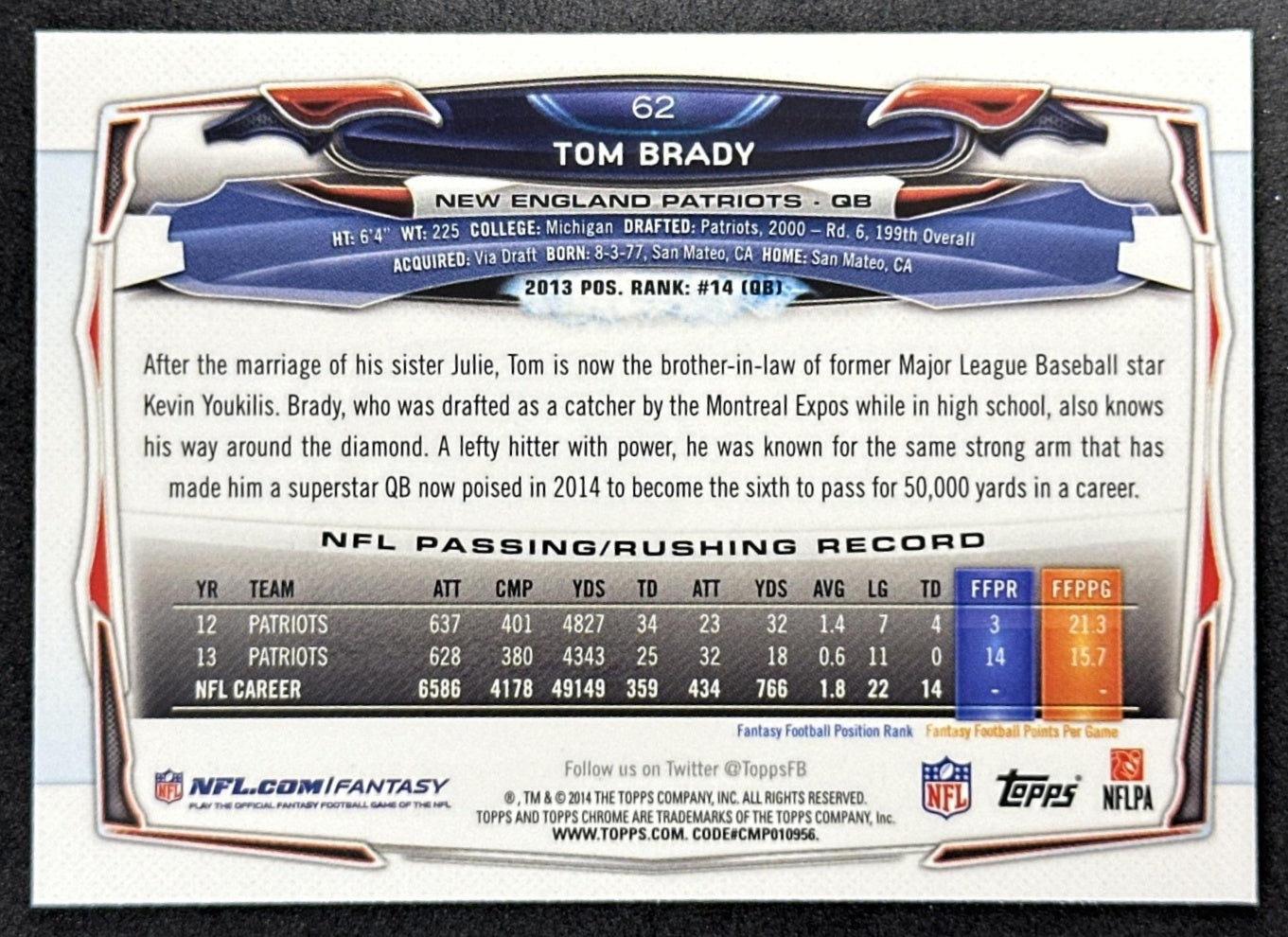 Tom Brady 2014 Topps Chrome Patriots