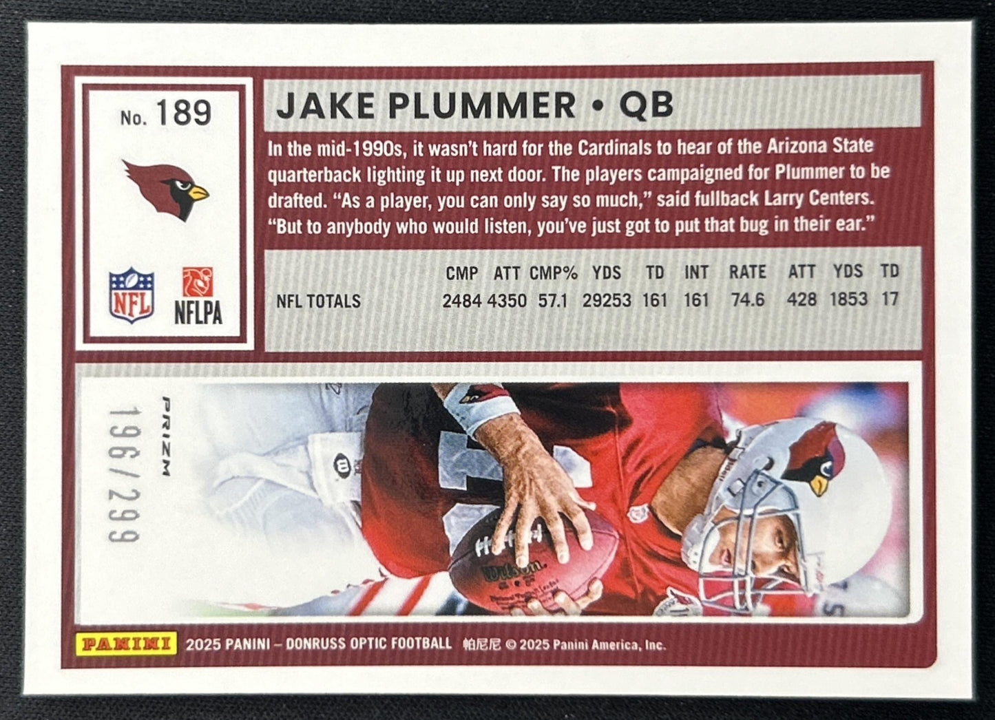 Jake Plummer 2025 Panini Donruss Optic Orange Prizm /299 Cardinals back