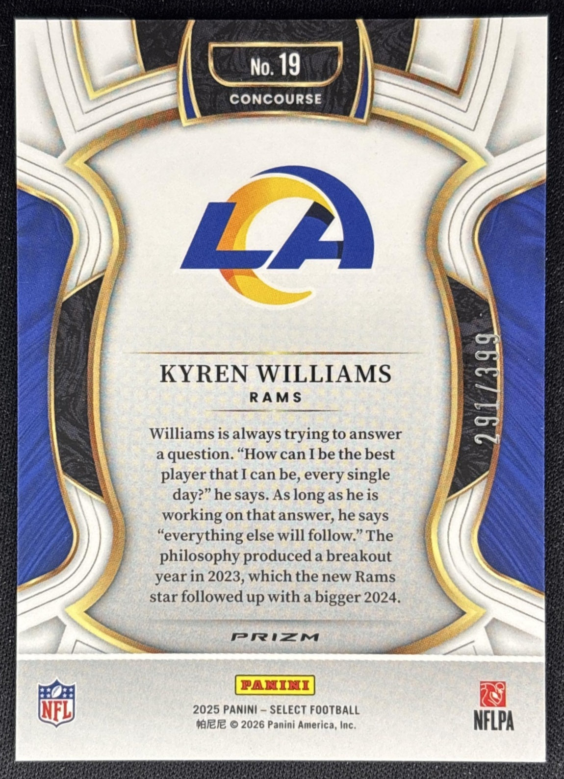 Kyren Williams 2025 Panini Select Concourse Tri-Color Prizm /399 Rams back