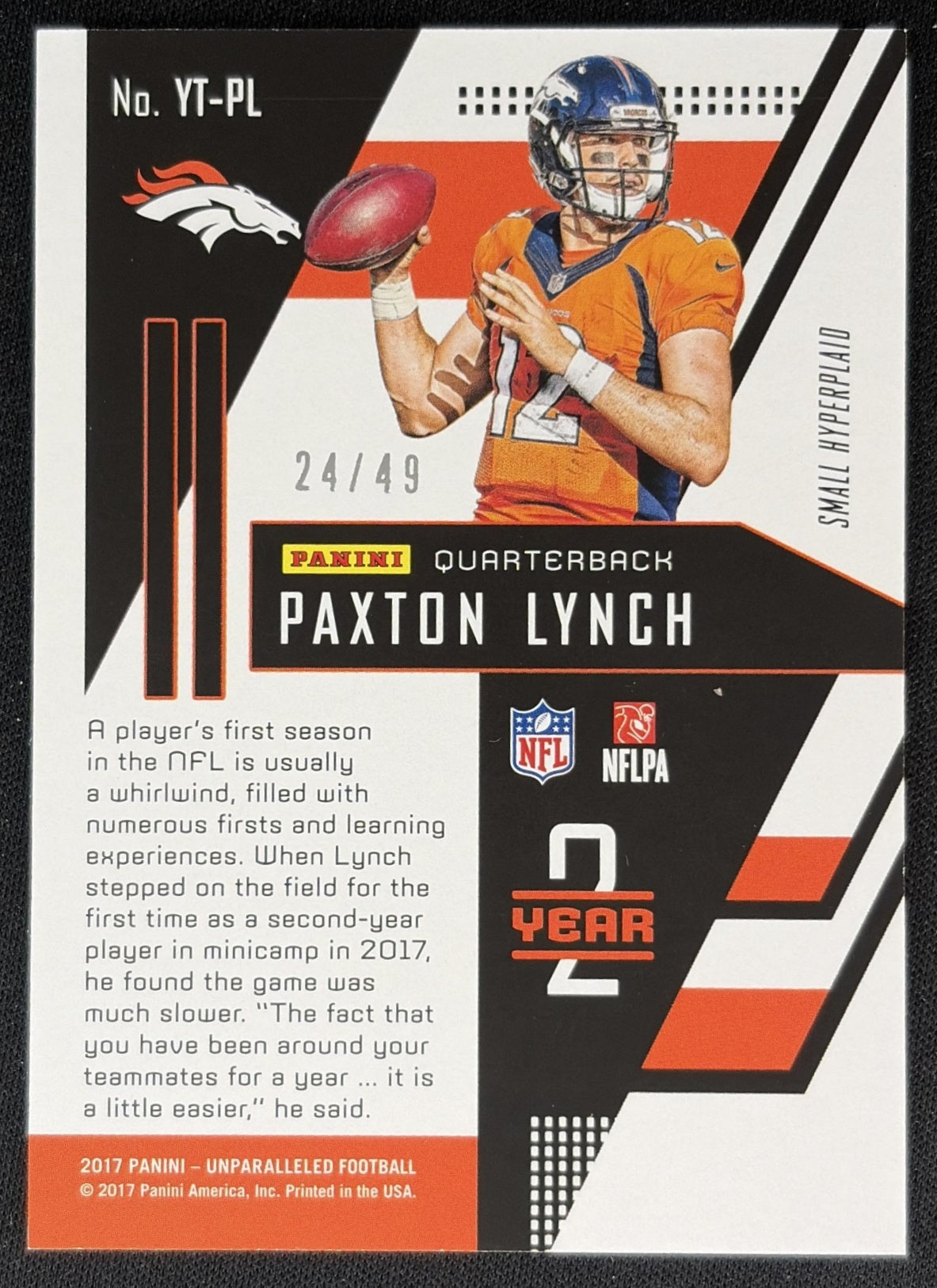 Paxton Lynch 2017 Panini Unparalleled Year 2 Purple /49 Broncos back