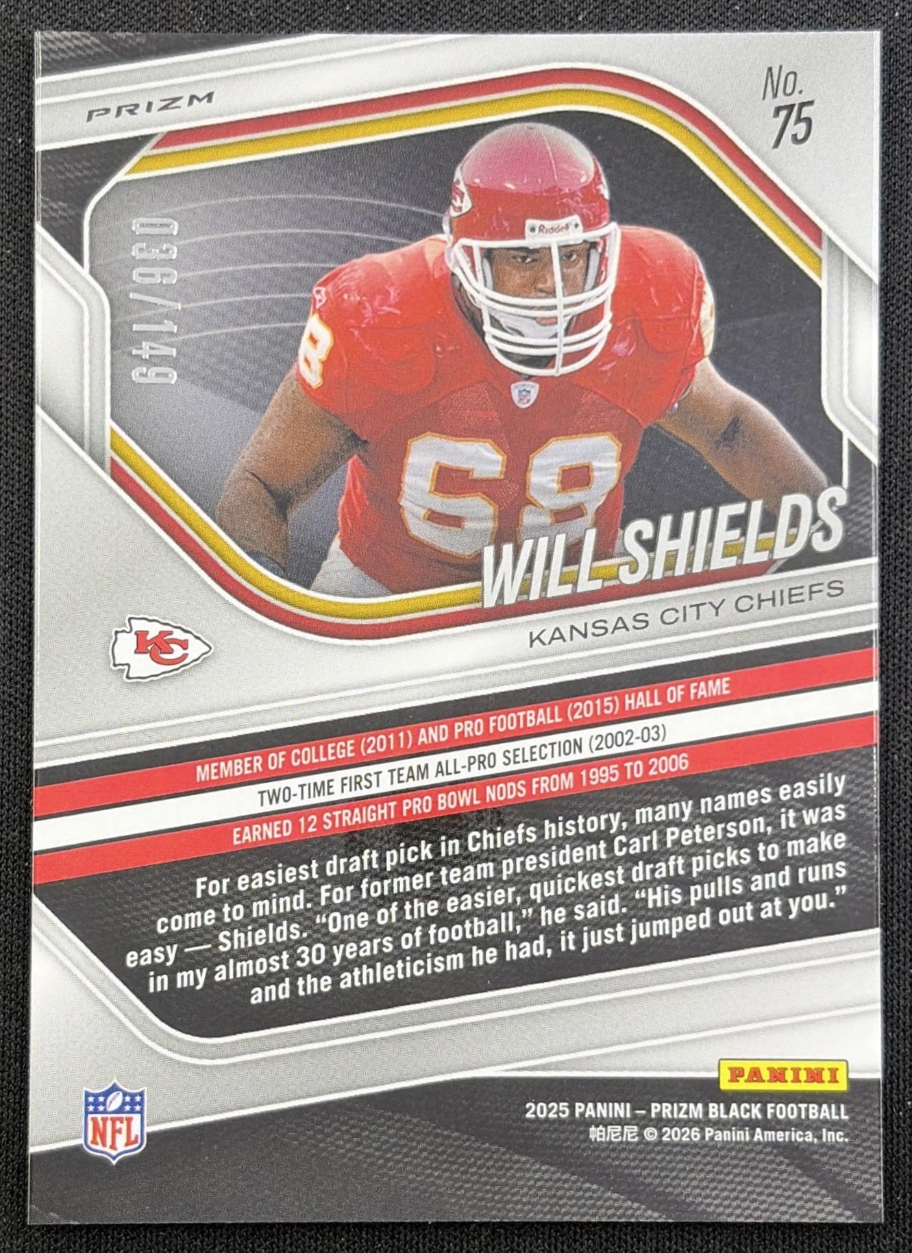 Will Shields 2025 Panini Prizm Black Purple Ice /149 Chiefs