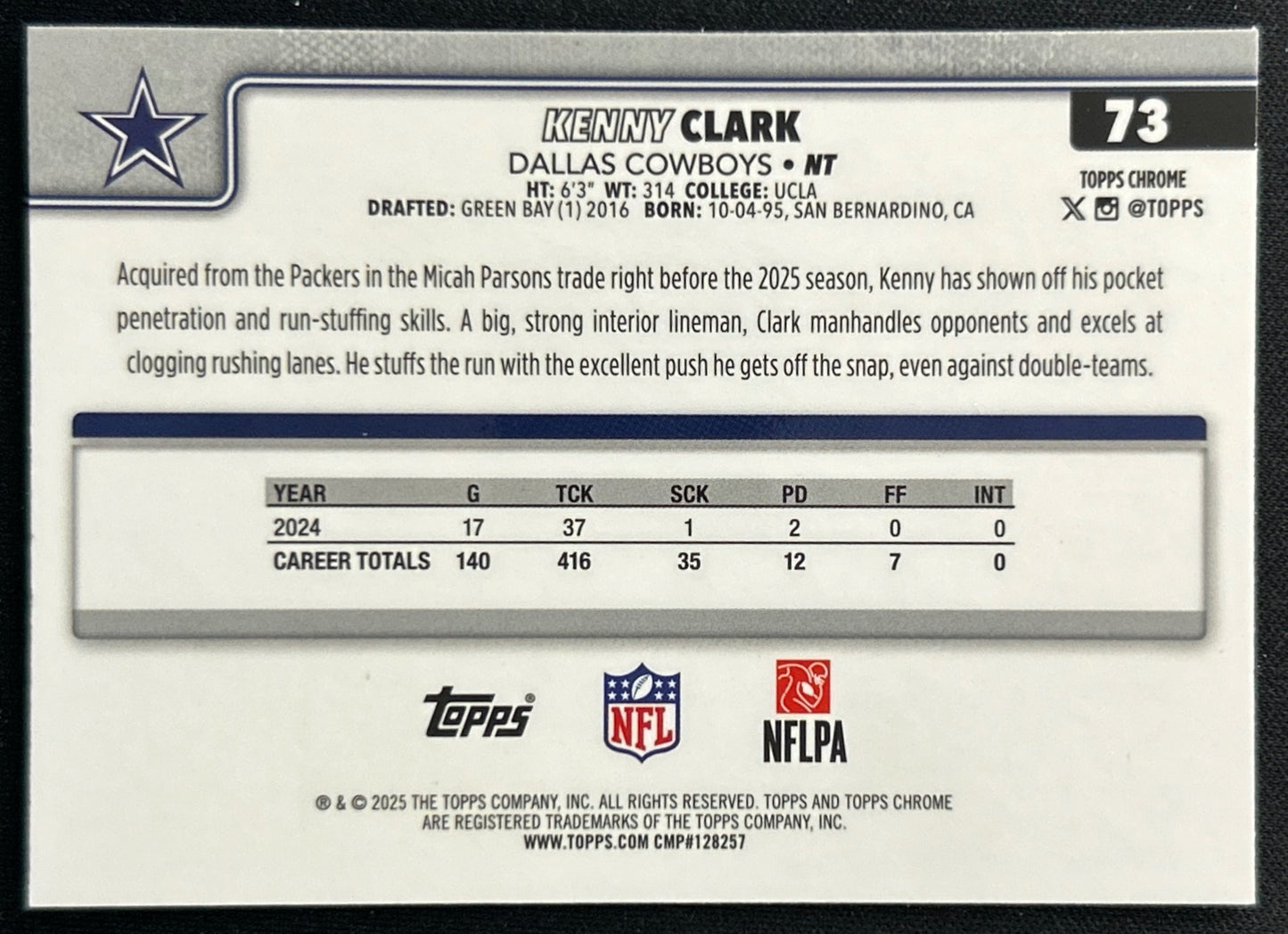 Kenny Clark 2025 Topps Chrome Cowboys Sports Trading Cards