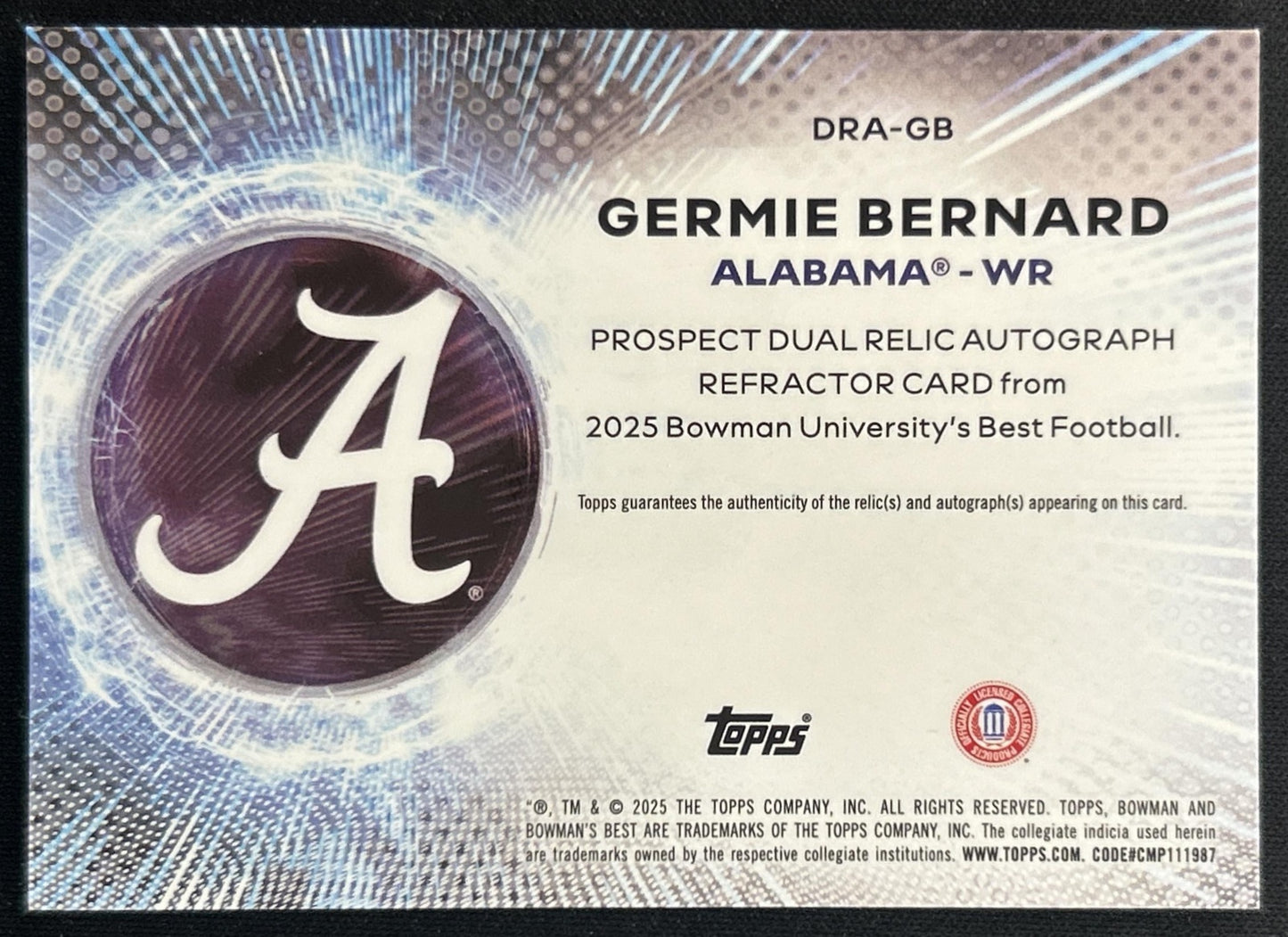 Germie Bernard 2025 Best University Prospect Dual Relic Auto Purple Lava Refractor /75 Crimson Tide back