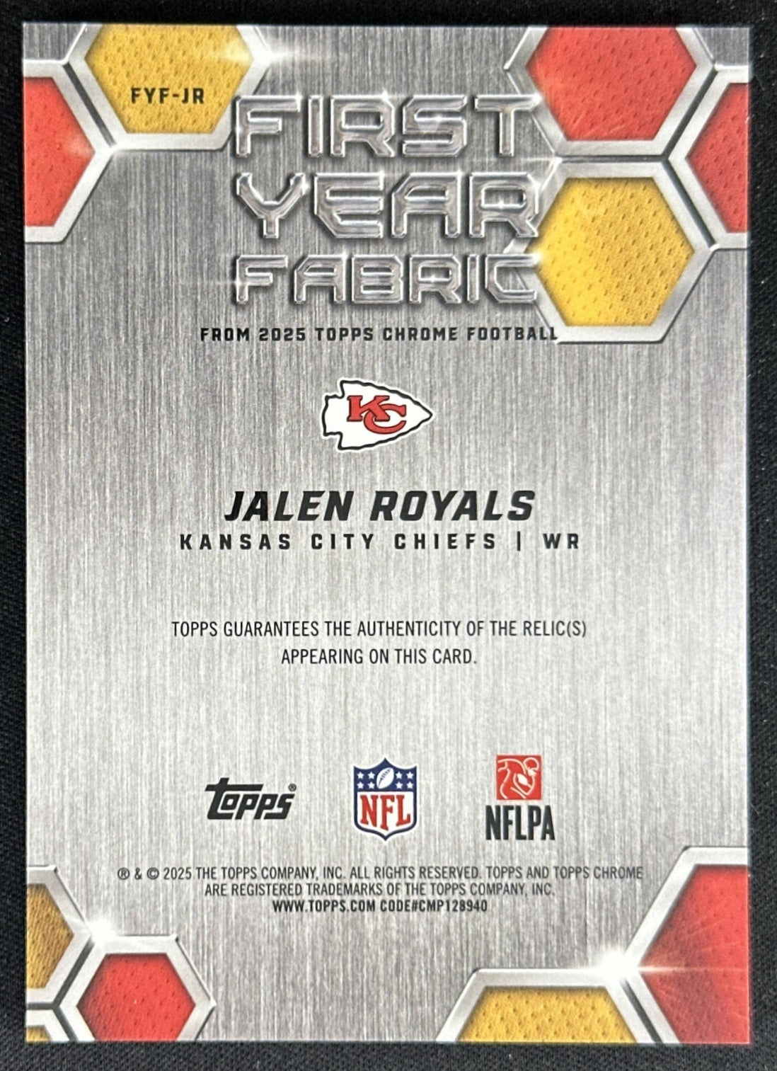 Jalen Royals 2025 Topps Chrome First Year Fabric Chiefs