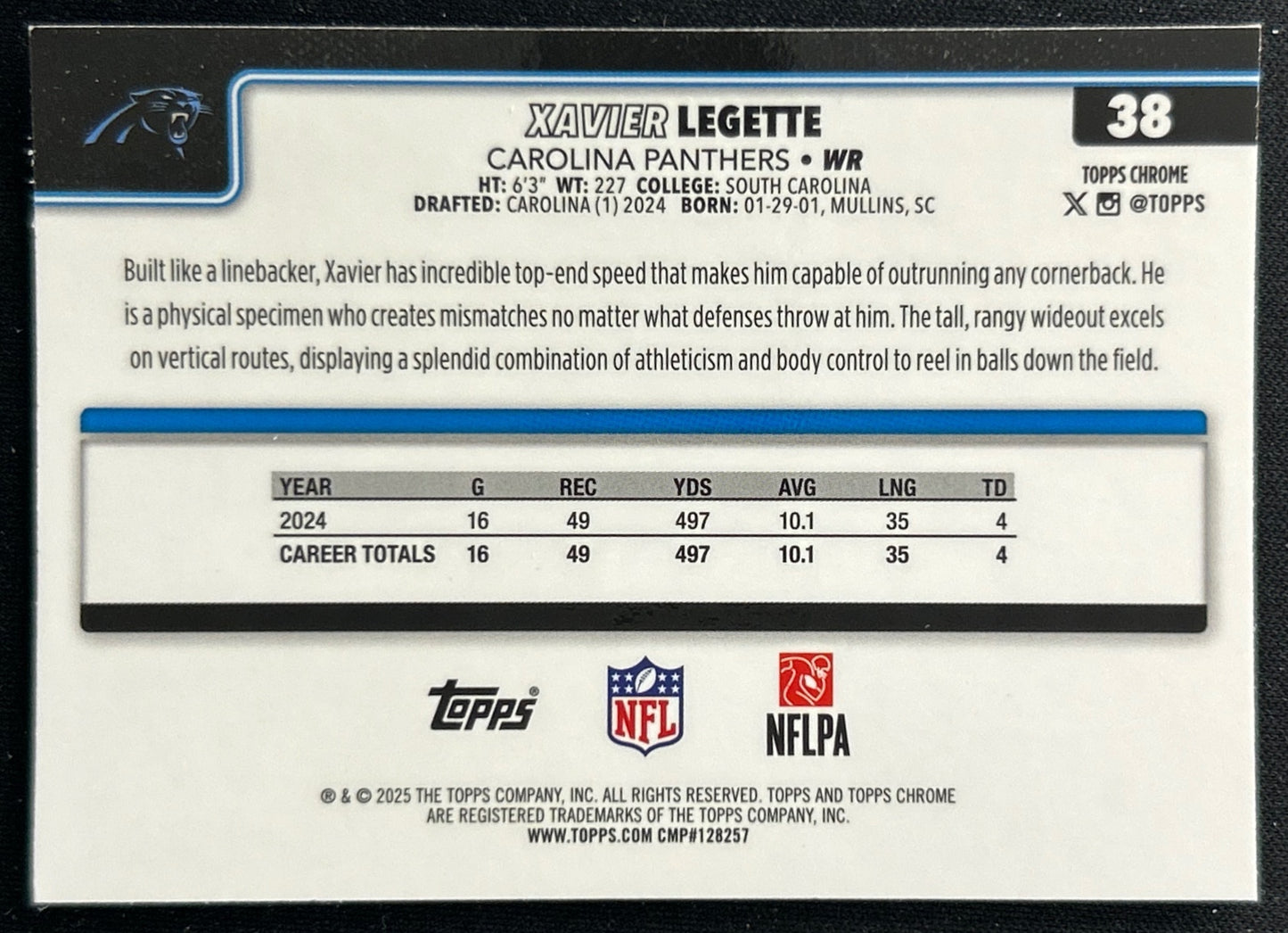 Xavier Legette 2025 Topps Chrome Panthers Sports Trading Cards