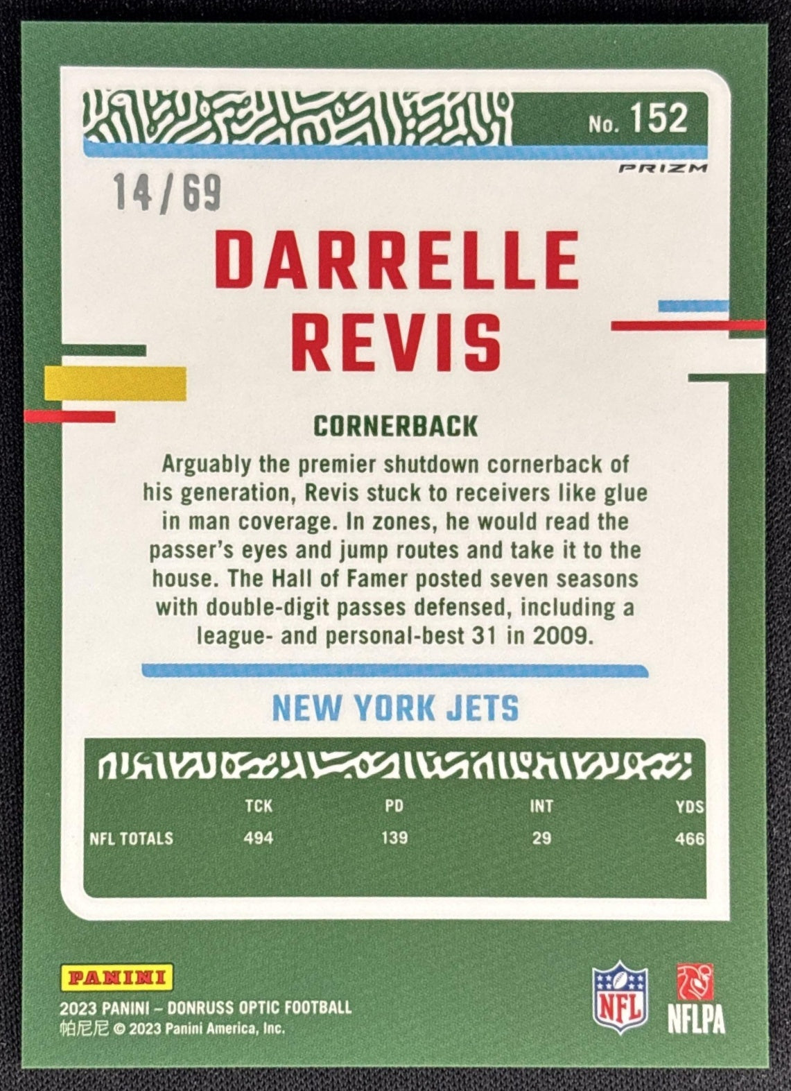Darrelle Revis 2023 Panini Donruss Optic Electricity Prizm /69 Jets back
