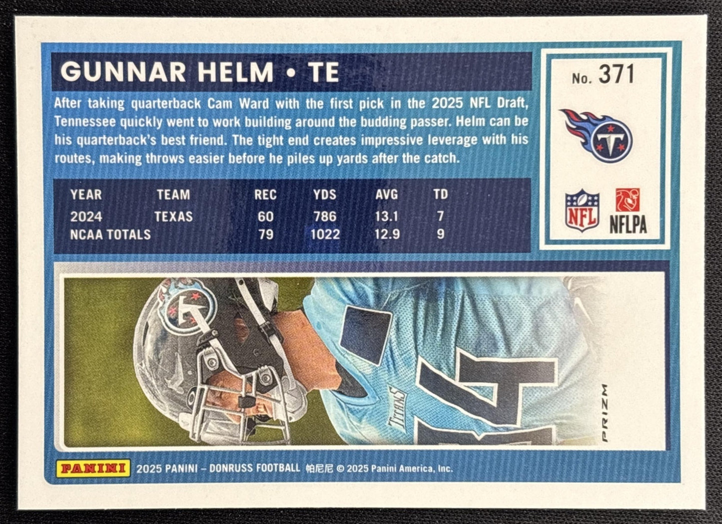 Gunnar Helm 2025 Panini Donruss Optic Rated Rookie Preview Pink Titans - Back
