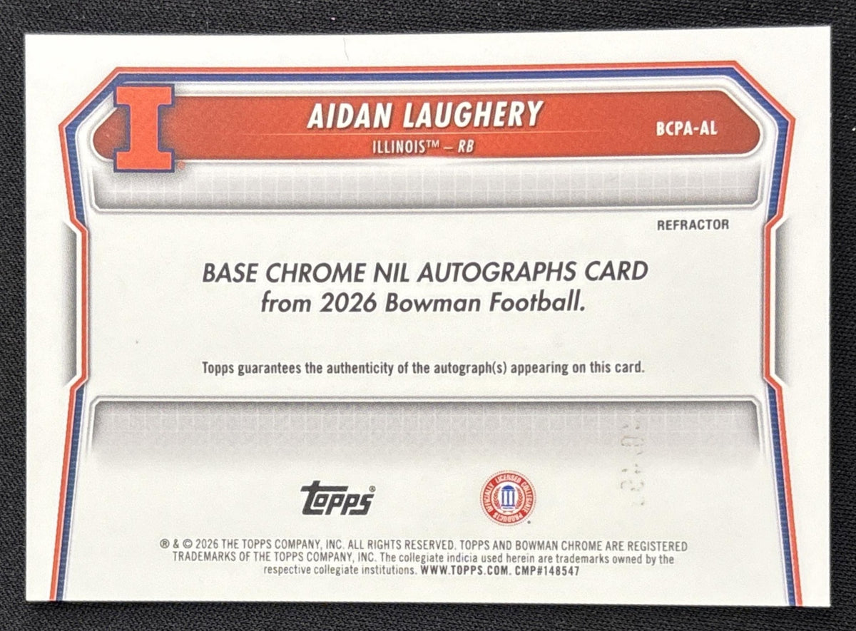 Aidan Laughery 2026 Bowman Chrome Prospect Auto Refractor /499 Fighting Illini Sports Trading Card