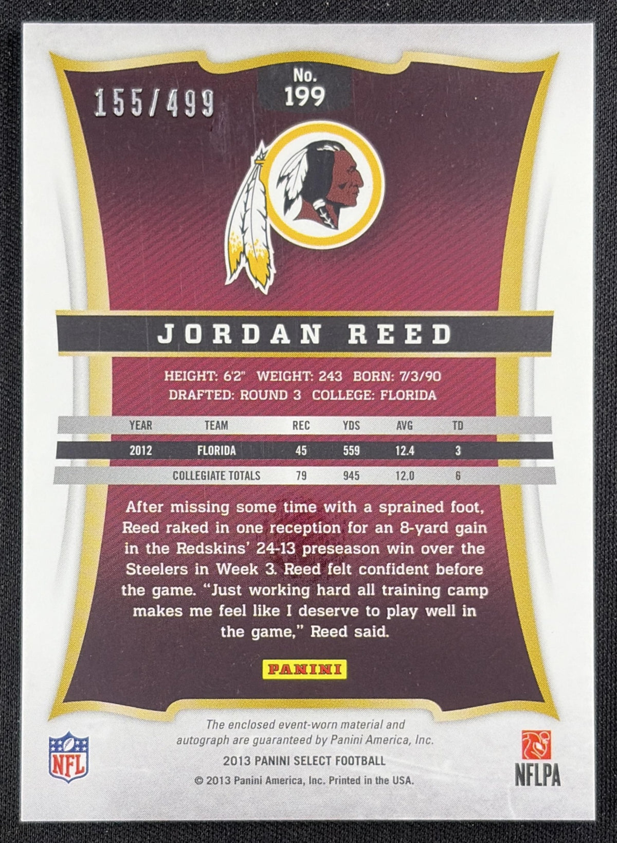 Jordan Reed 2013 Panini Select Rookie Jersey Auto /499 Redskins Sports Trading Card