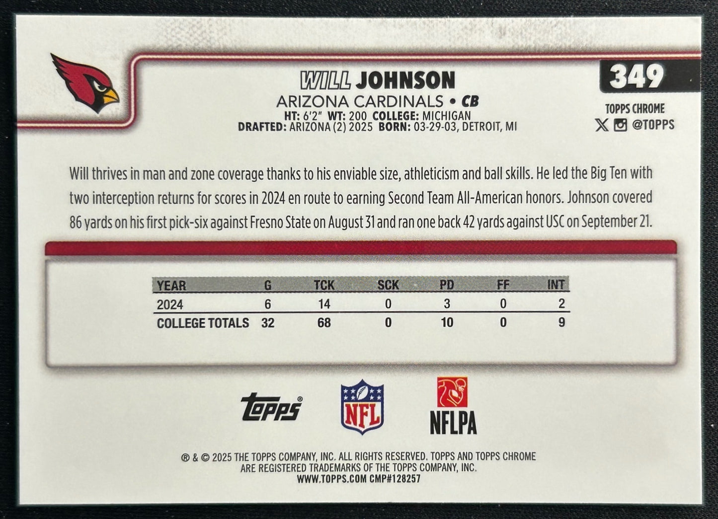 Will Johnson 2025 Topps Chrome Rookie Cardinals Sports Trading Cards