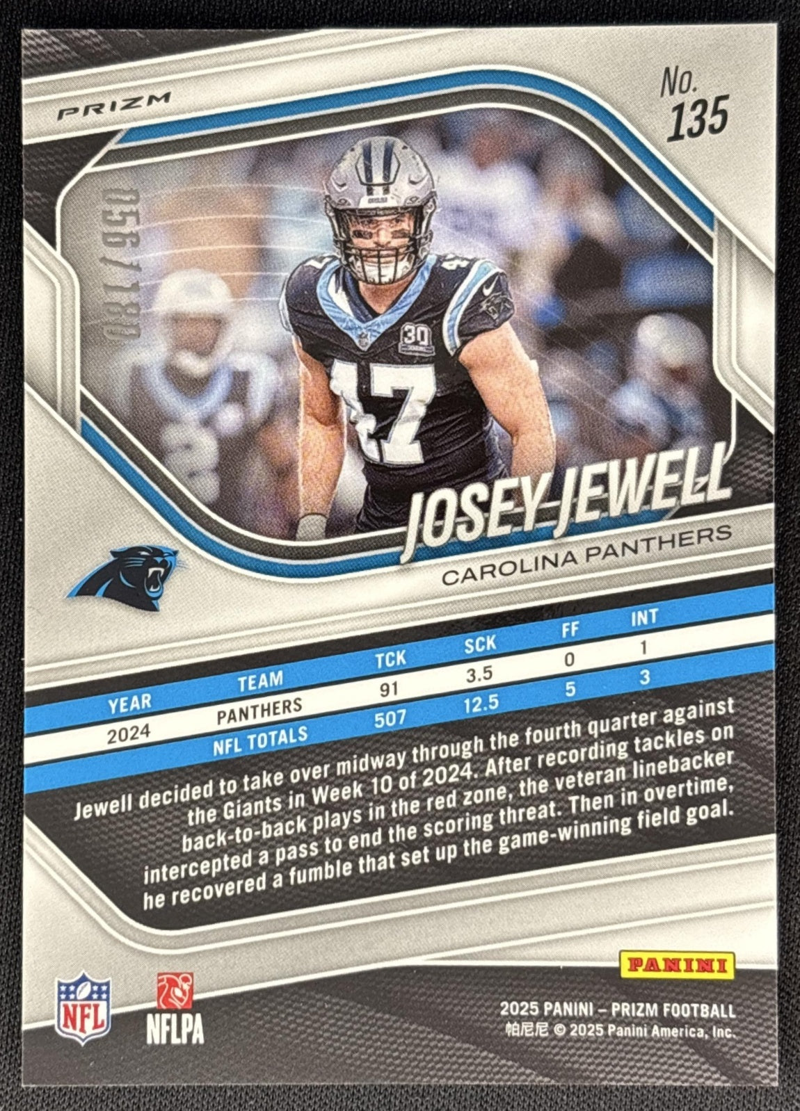 Josey Jewell 2025 Panini Prizm Pigskin /180 Panthers Sports Trading Cards