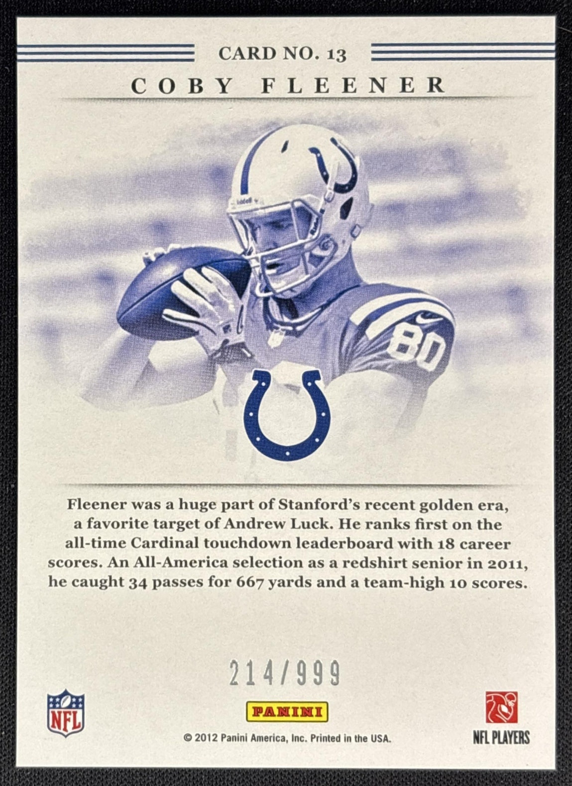 Coby Fleener 2012 Panini Elite Series Rookies Silver /999 Colts back