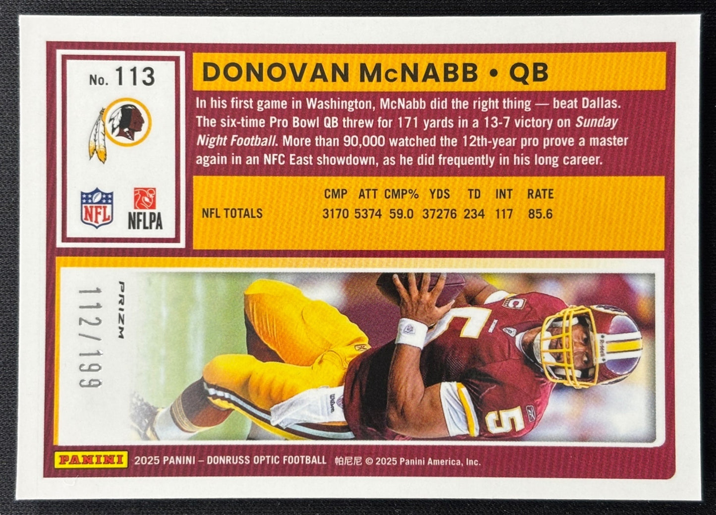 Donovan McNabb 2025 Donruss Optic Flex Prizm /199 Redskins Sports Trading Card