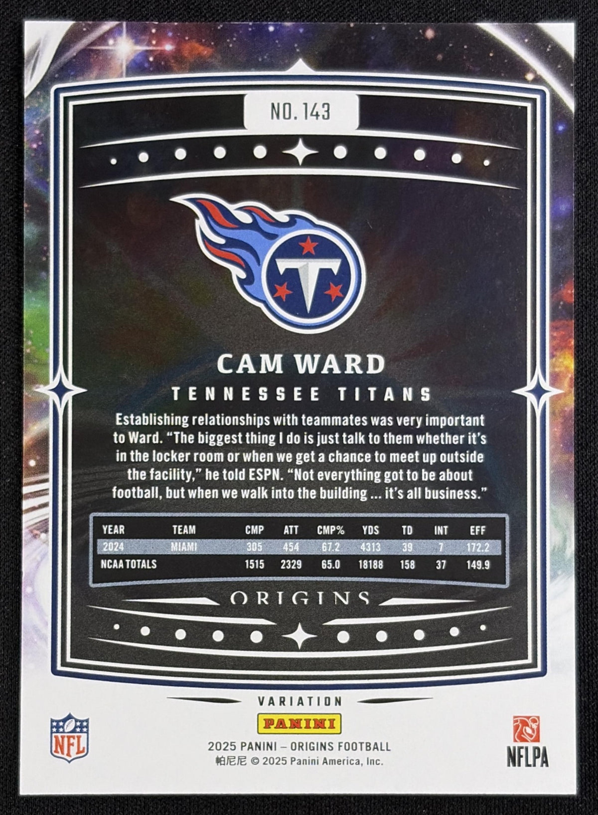 Cam Ward 2025 Panini Origins Rookie Variation Titans
