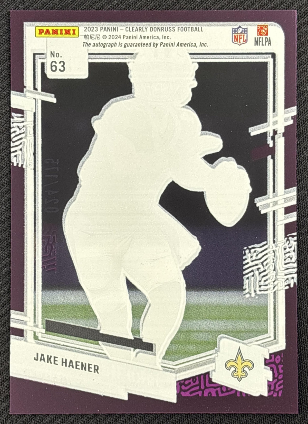 Jake Haener 2023 Panini Clearly Donruss Rated Rookie Auto Purple /175 Saints