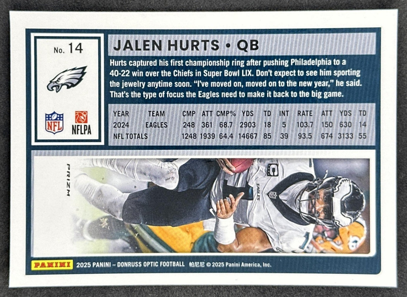 Jalen Hurts 2025 Panini Donruss Optic Holo Prizm Eagles back