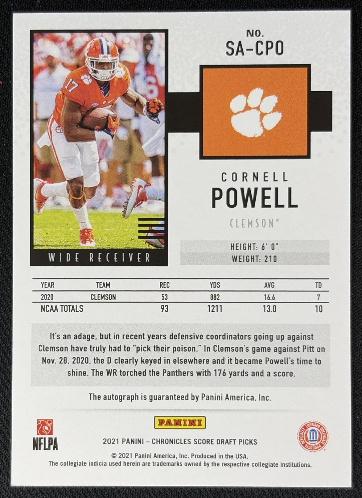 Cornell Powell 2021 Panini Chronicles Draft Picks Score Rookie Auto Tigers back