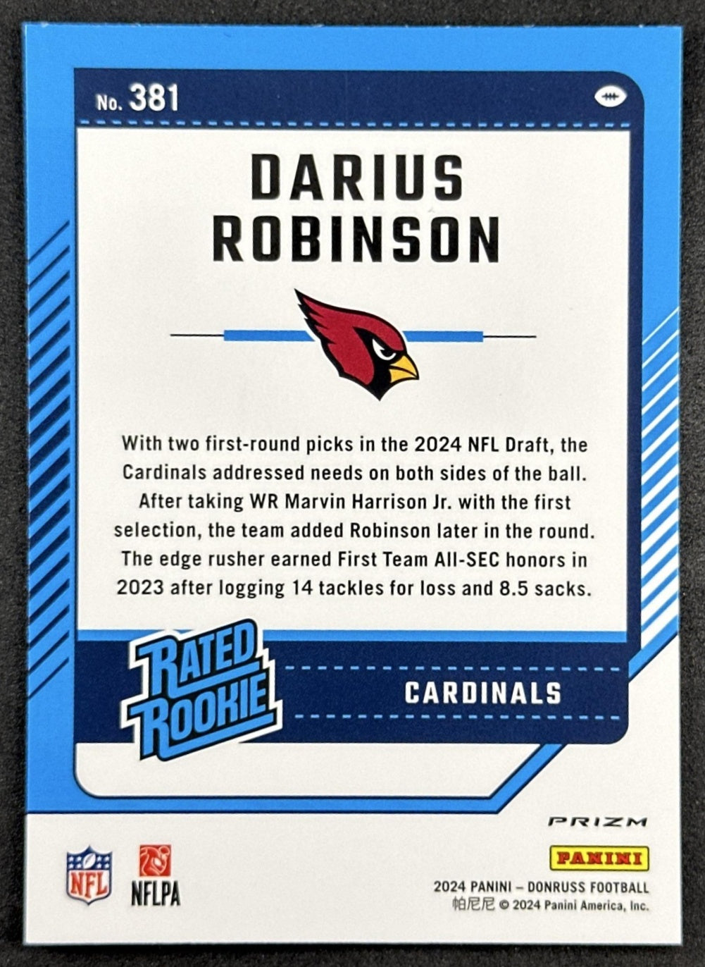 Darius Robinson 2024 Donruss Optic Rated Rookie Preview Red and Green Cardinals Back