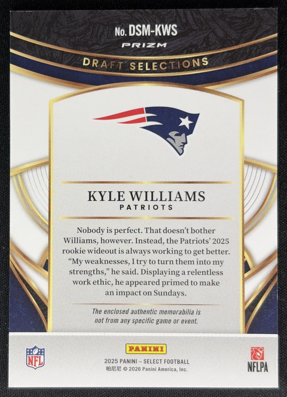 Kyle Williams 2025 Panini Select Draft Selections Memorabilia Red Prizm Patriots back