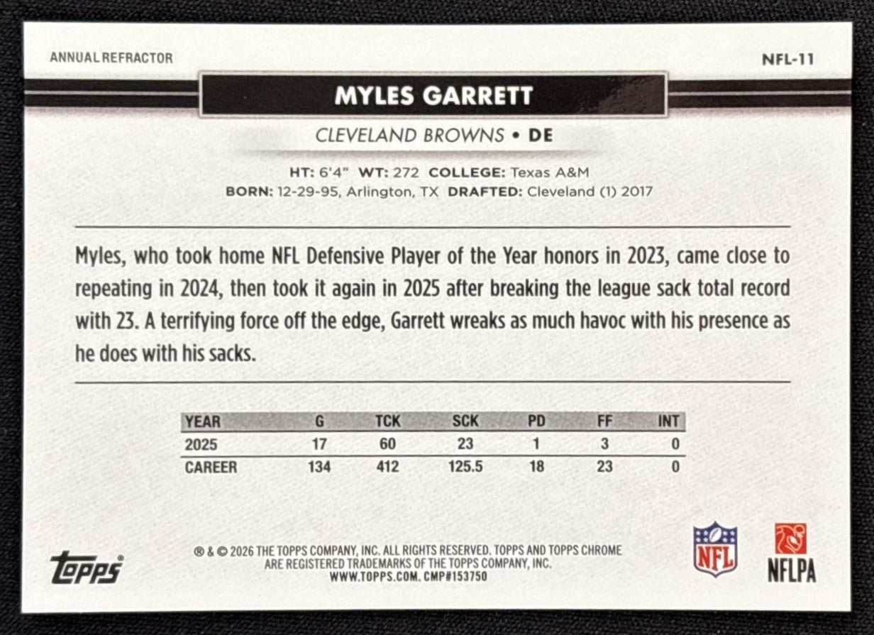 Myles Garrett 2026 Topps NSCC Collection NFL Annual Refractor /26 Browns Sports Trading Cards