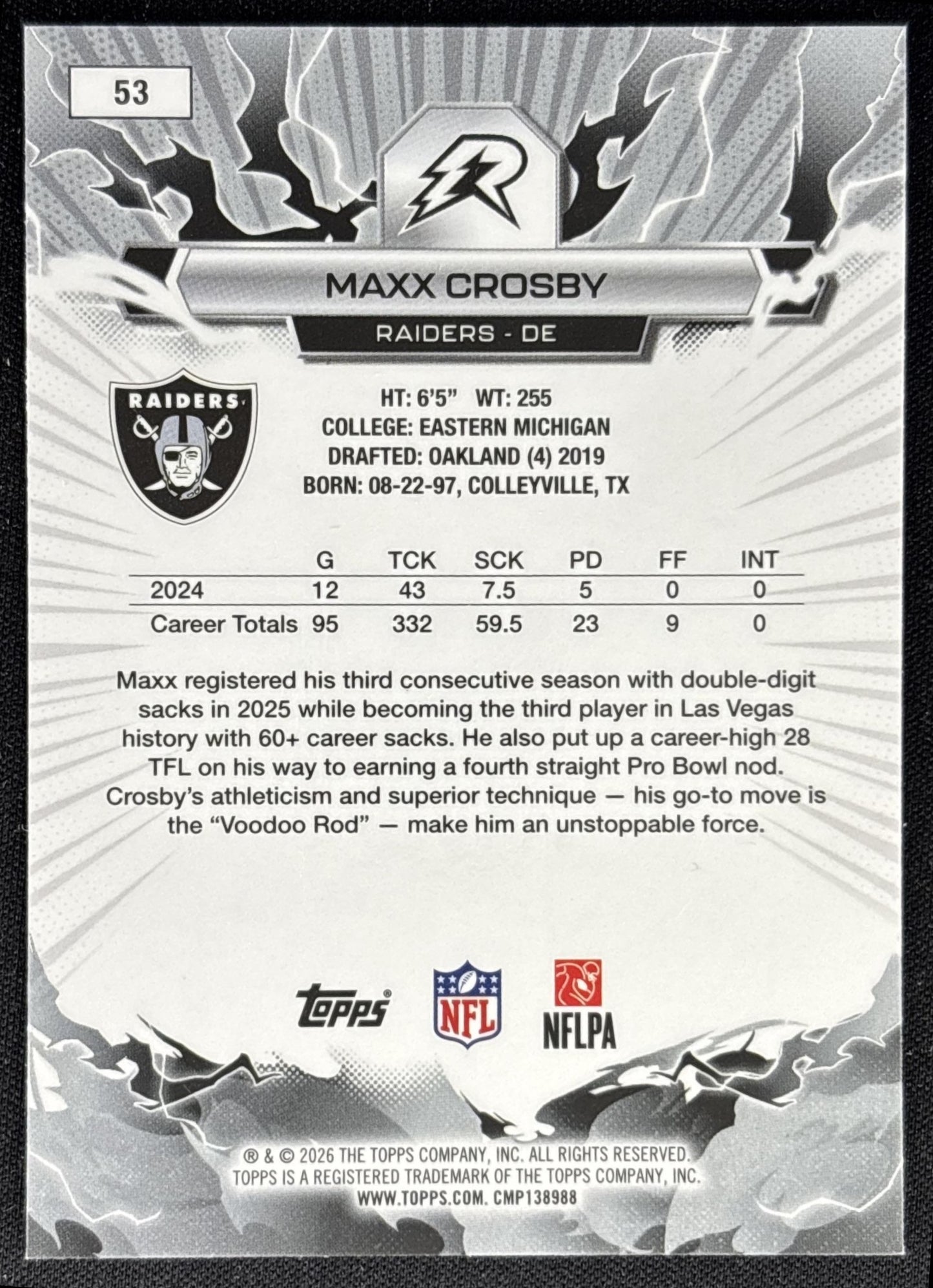 Maxx Crosby 2025 Topps Resurgence Sky Blue and Pink Shock Refractor Raiders back