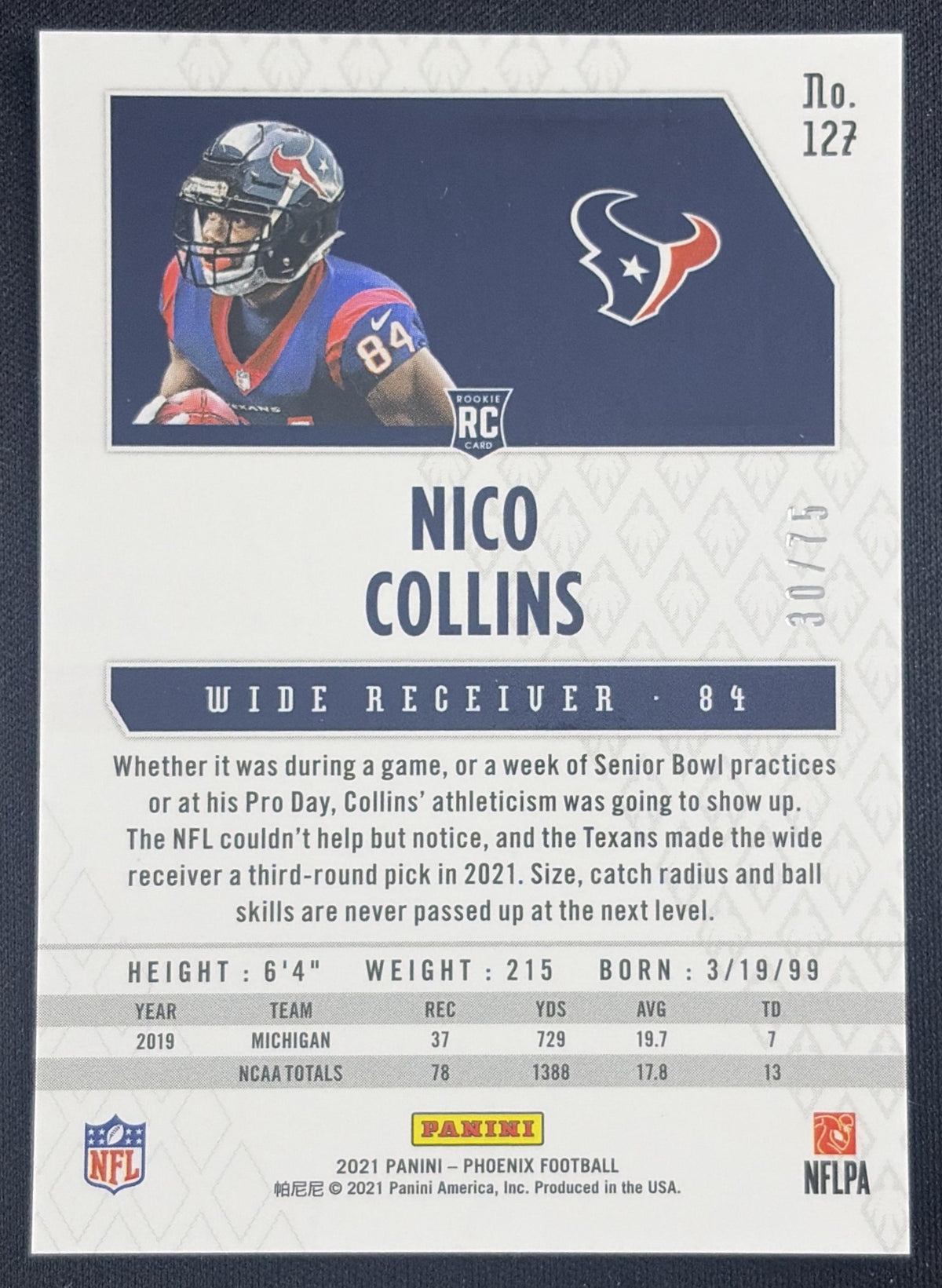 Nico Collins 2021 Panini Phoenix Yellow /75 Texans Sports Trading Card