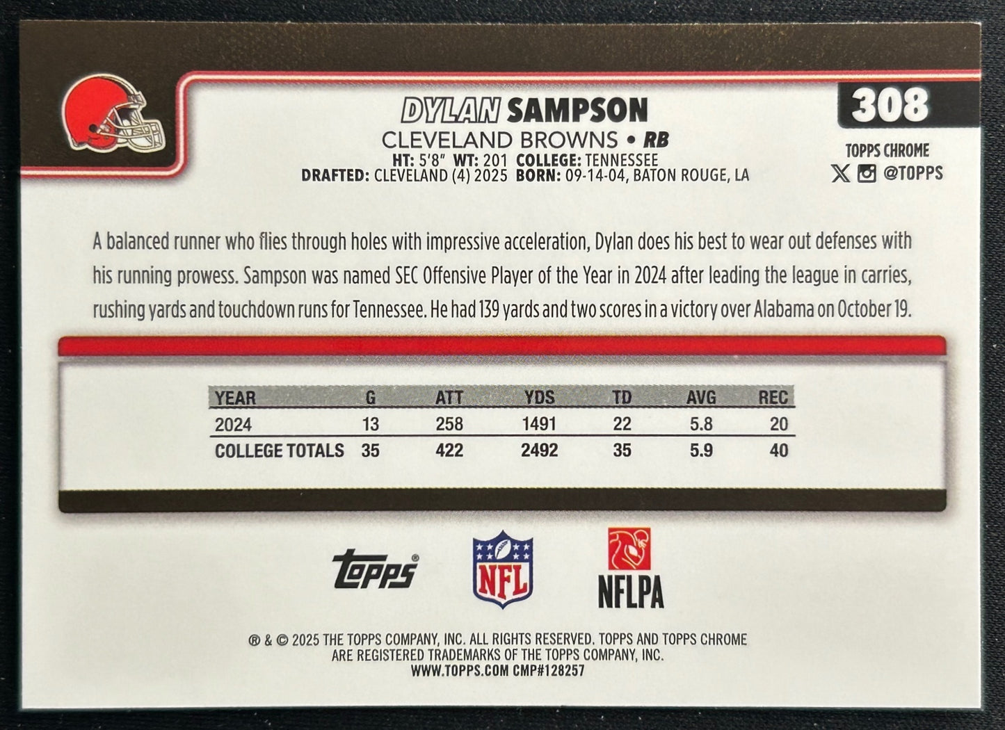 Dylan Sampson 2025 Topps Chrome Rookie Browns Sports Trading Cards