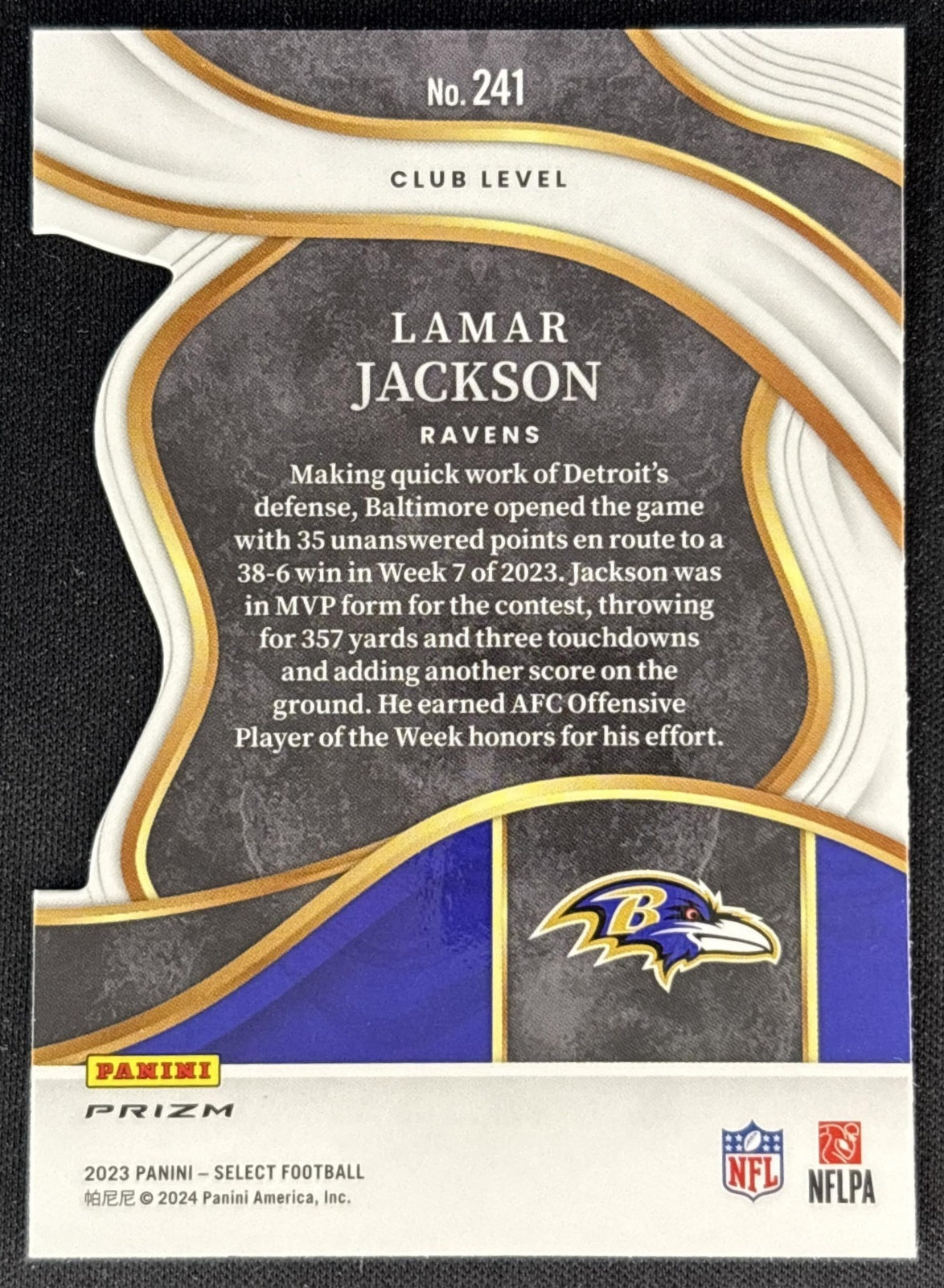 Lamar Jackson 2023 Panini Select Black and Red Prizms Die Cut Ravens