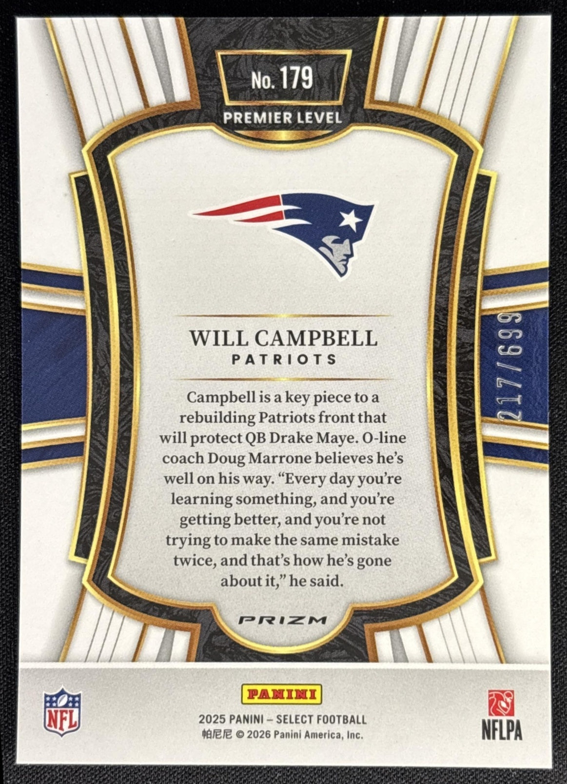 Will Campbell 2025 Select Premier Level Neon Green Prizm Shock /699 Patriots