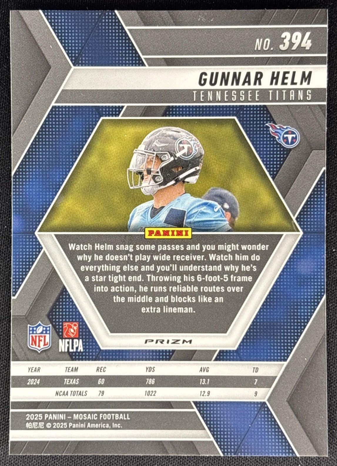 Gunnar Helm 2025 Panini Mosaic Rookies Reactive Blue Prizm Titans Sports Trading Cards