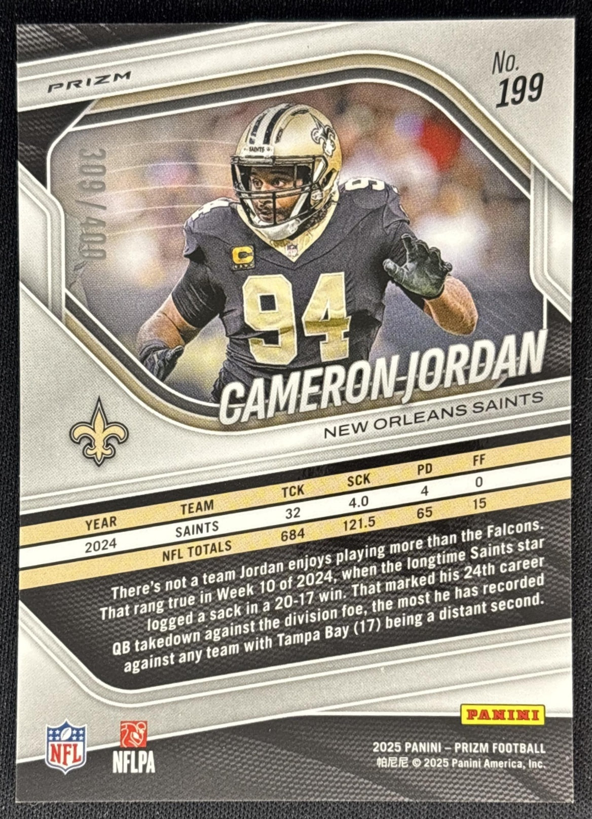 Cameron Jordan 2025 Panini Prizm Pandora /400 Saints back