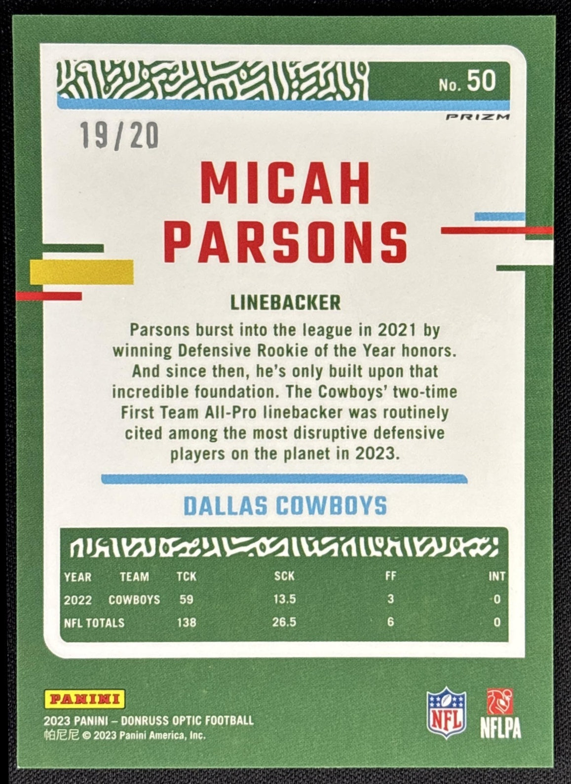 Micah Parsons 2023 Panini Donruss Optic Lime Green Prizm /20 Cowboys Dallas Cowboys