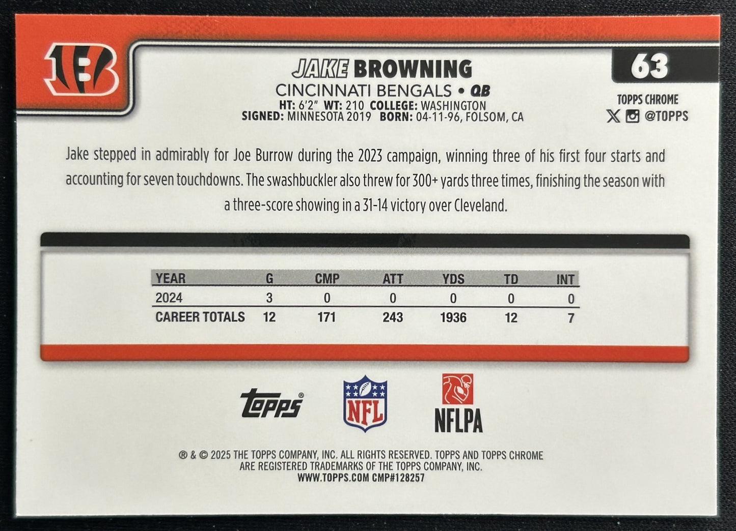Jake Browning 2025 Topps Chrome Bengals