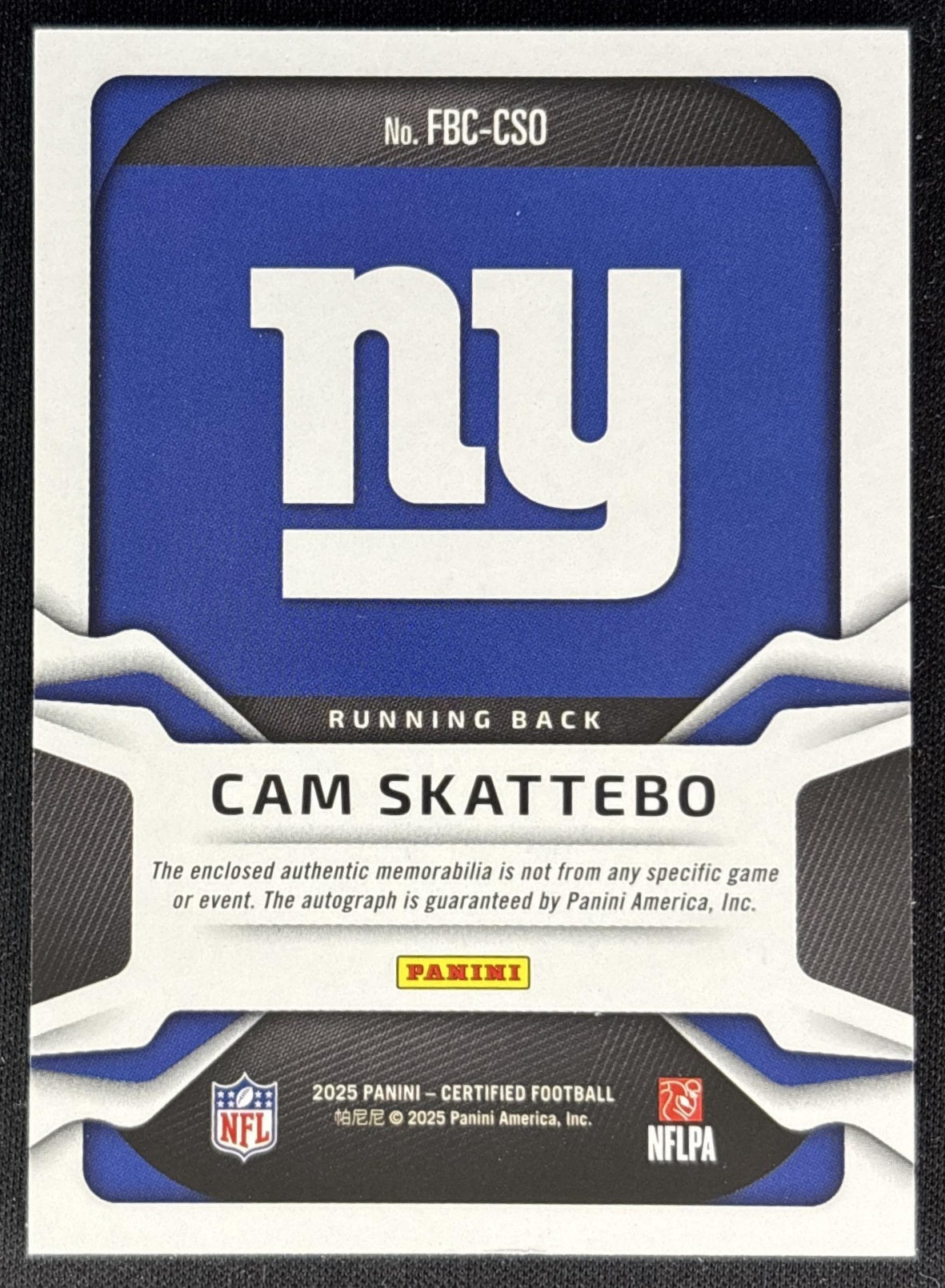 Cam Skattebo 2025 Panini Certified Freshman Fabric Mirror Signatures /499 Giants Back