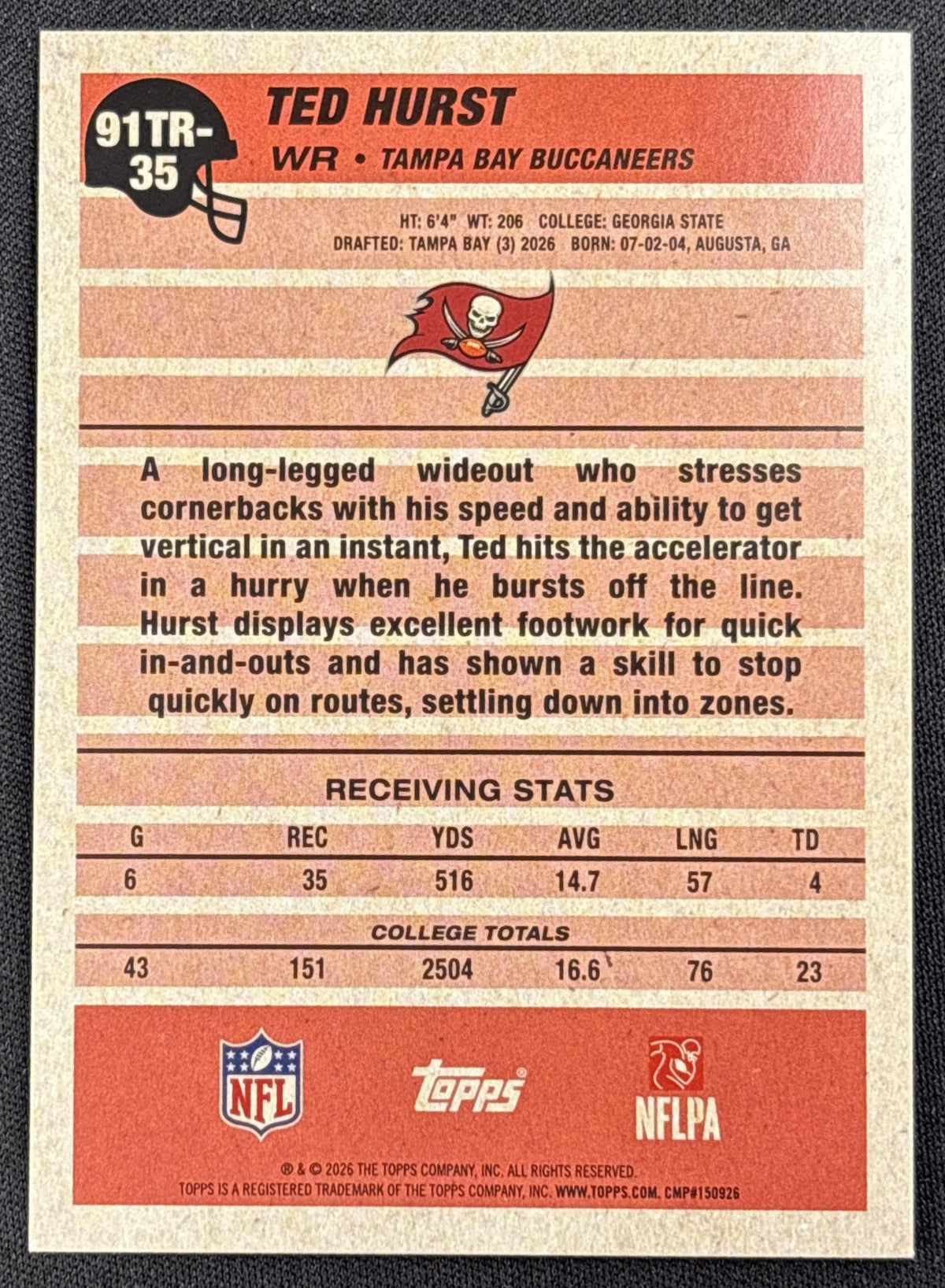 Ted Hurst 2026 Topps 1991 Rookie Crackle Foil Buccaneers