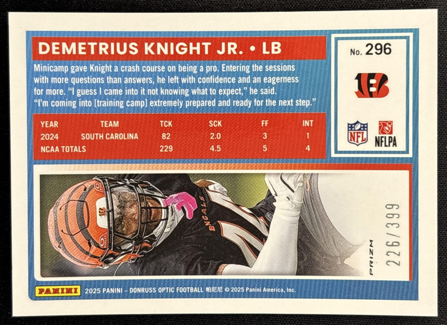 Demetrius Knight Jr. 2025 Donruss Optic Rated Rookie Neon Blue Prizm /399 Bengals