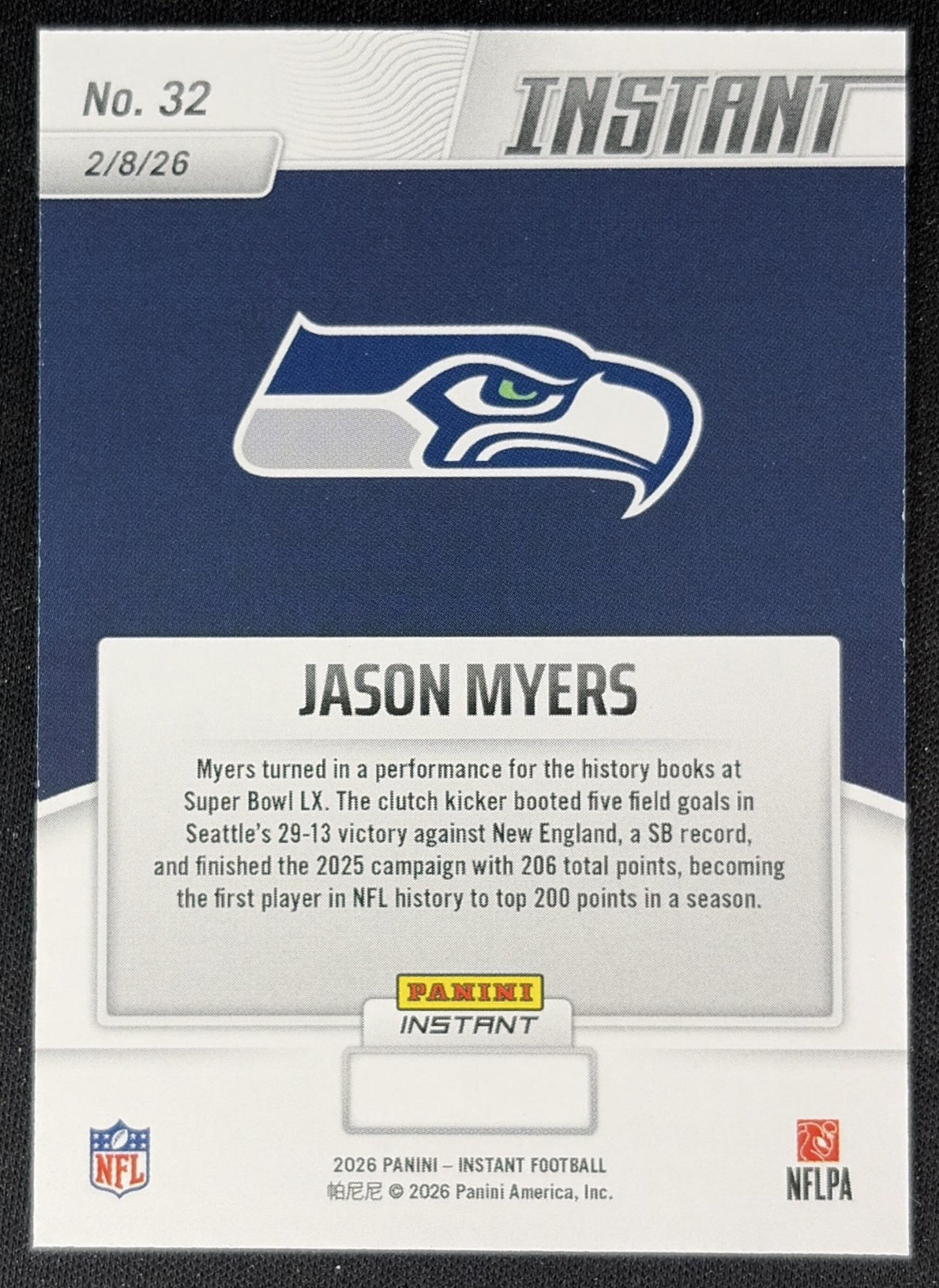 Jason Myers 2026 Panini Instant Super Bowl LIX Champions Seattle Seahawks back