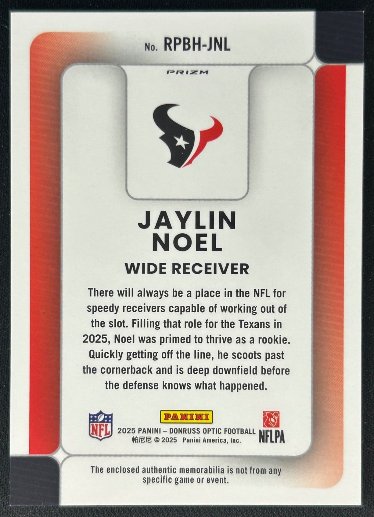 Jaylin Noel 2025 Donruss Optic Rookie Phenoms Blue Hyper Prizm Texans Houston Texans Sports Trading Cards