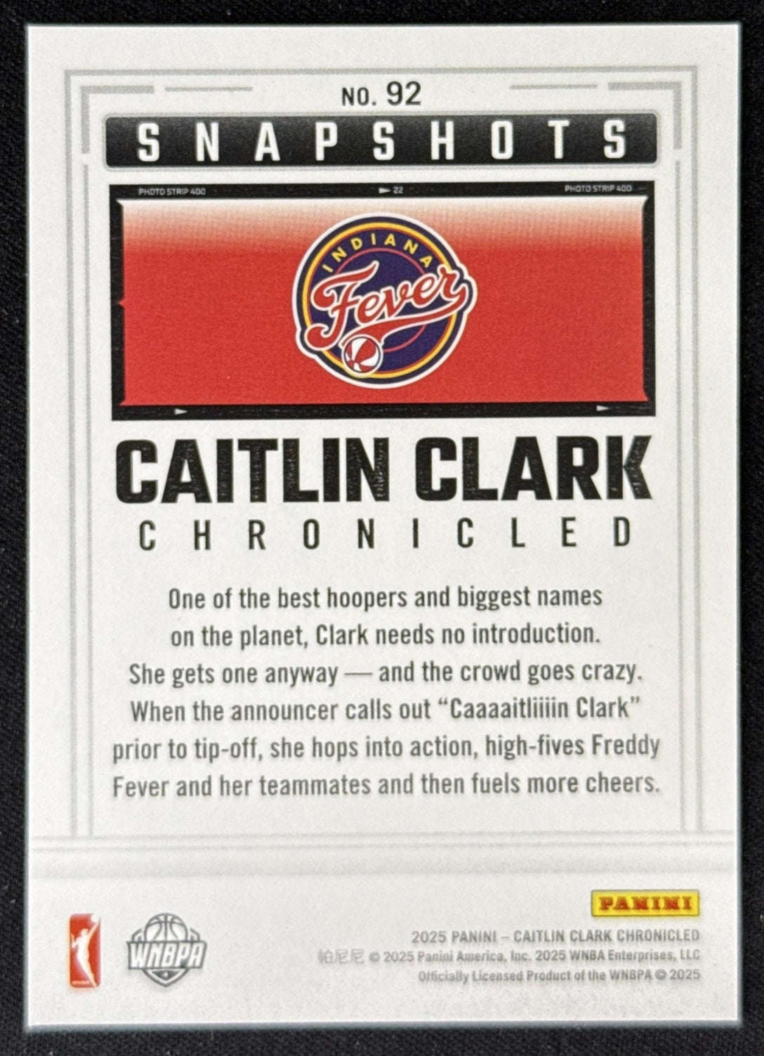 Caitlin Clark 2025 Panini Chronicled Snap Shots Fever 92 Sports Trading Card