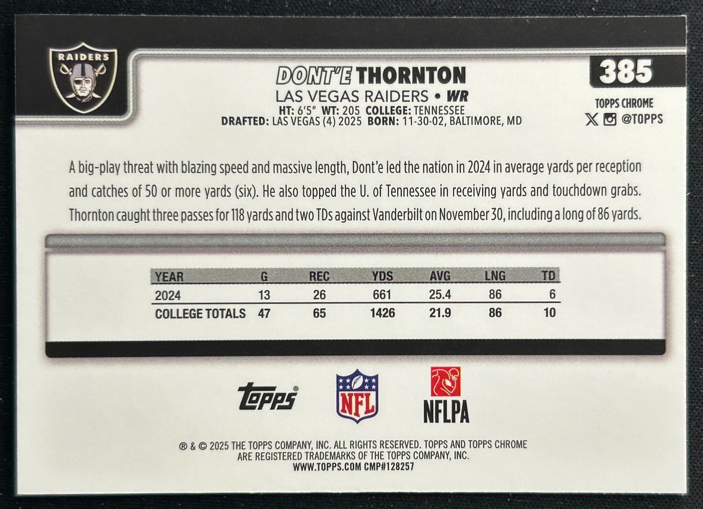 Dont'e Thornton Jr. 2025 Topps Chrome Rookie Raiders Sports Trading Cards