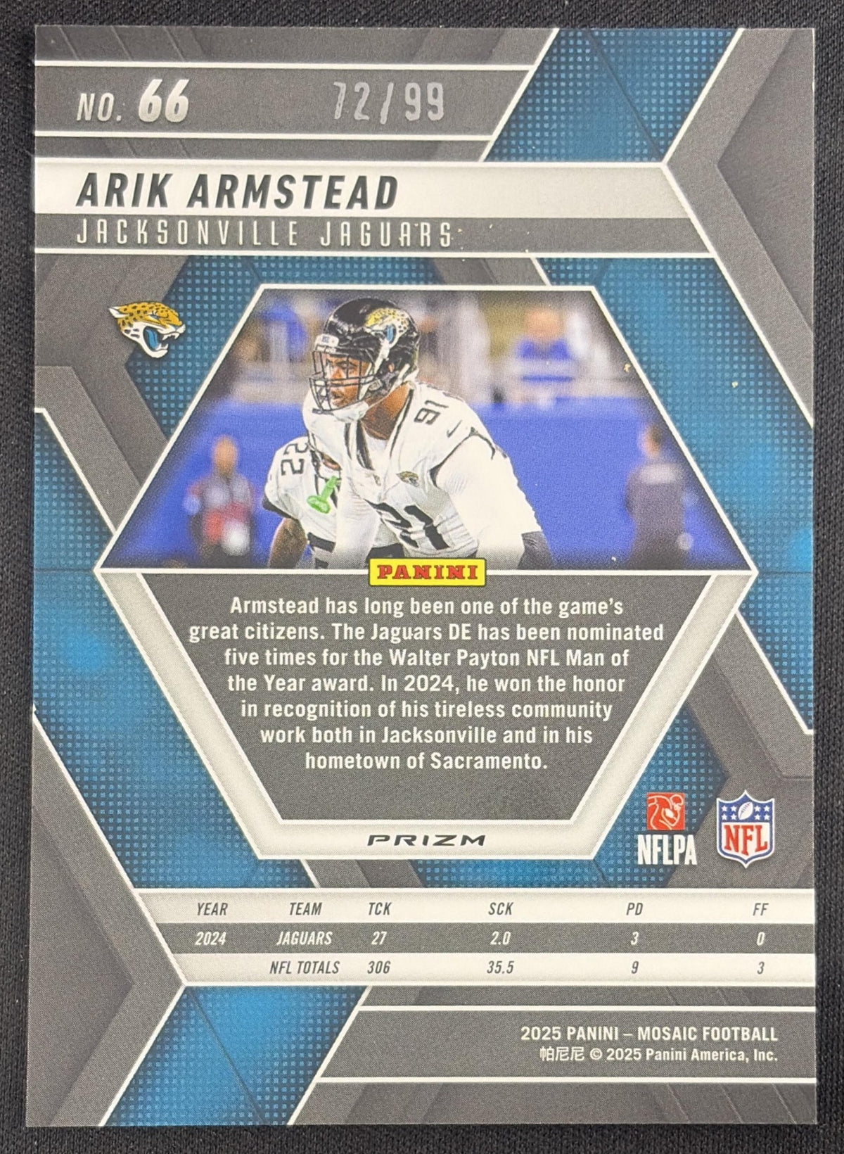 Arik Armstead 2025 Panini Mosaic Blue Prizm /99 Jaguars Sports Trading Card