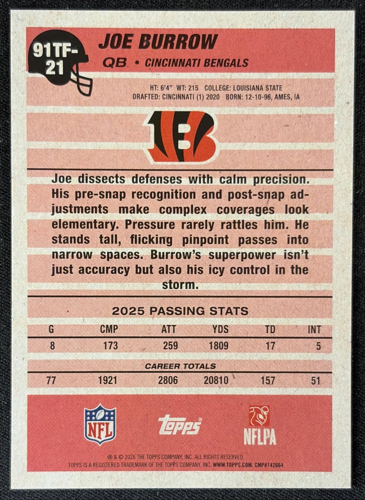 Joe Burrow 2026 Topps 1991 Bengals back