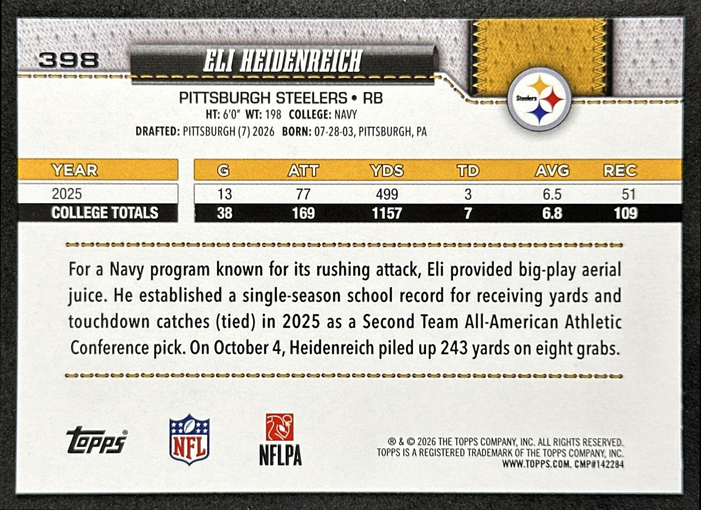Eli Heidenreich 2026 Topps Flagship Rookie Steelers Sports Trading Cards