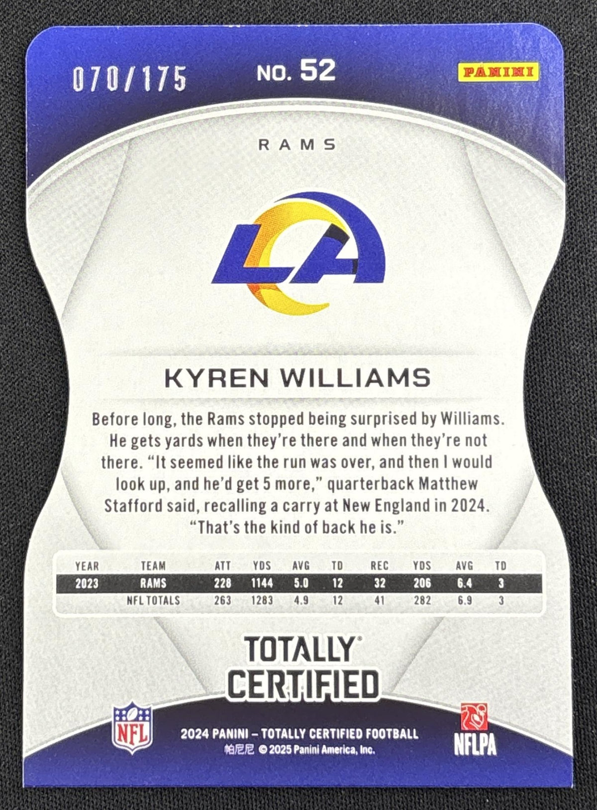Kyren Williams 2024 Panini Totally Certified Mirror Platinum Red Die Cut /175 Rams