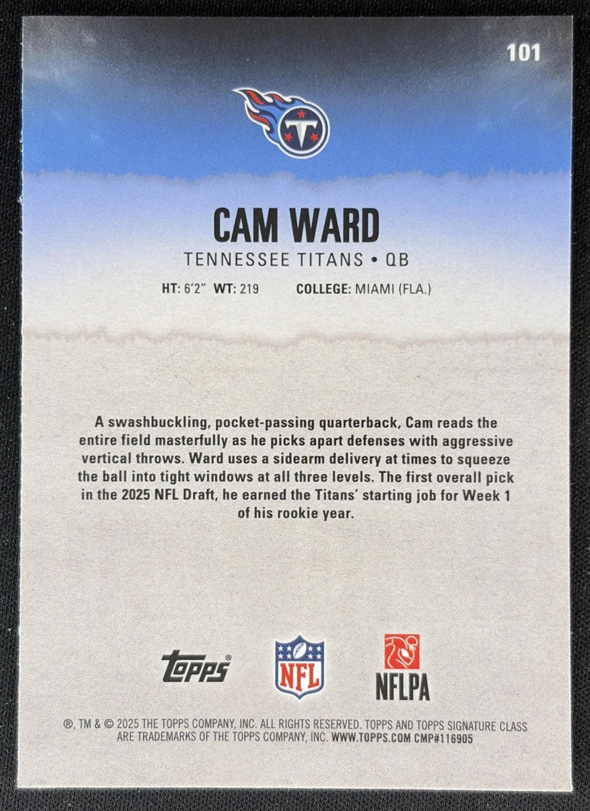 Cam Ward 2025 Topps Signature Class Chrome Rookie Titans
