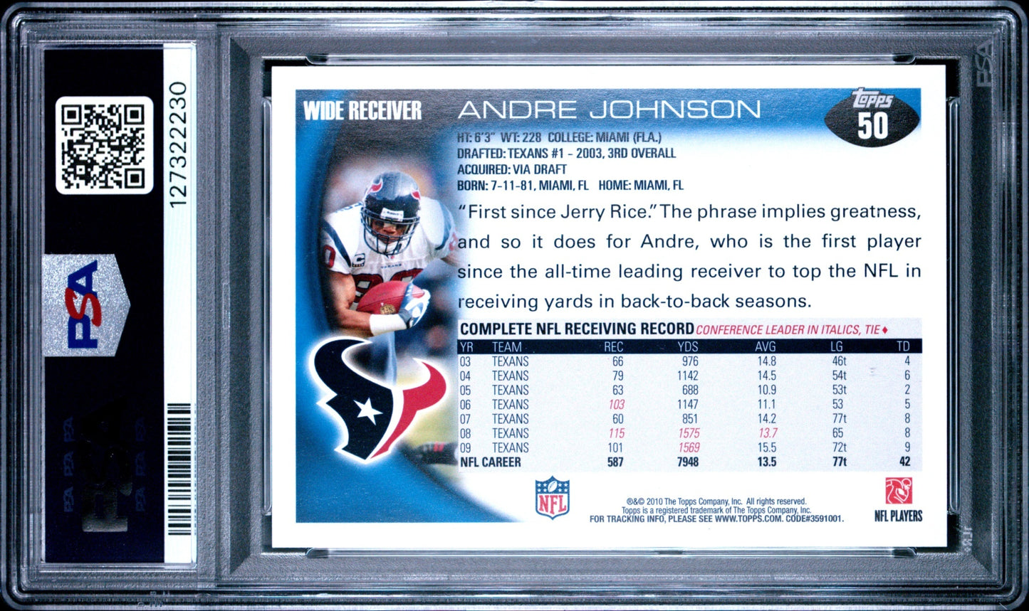 Andre Johnson 2010 Topps PSA 10 Texans back