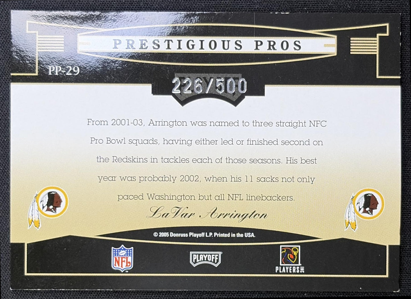 LaVar Arrington 2005 Donruss Classics Stadium Stars 10 Yard Line Silver /500 Redskins back