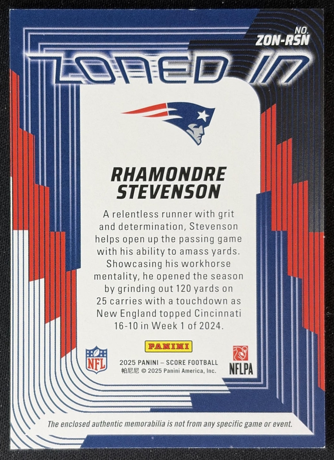 Rhamondre Stevenson 2025 Panini Score Zoned In Jerseys Patriots back