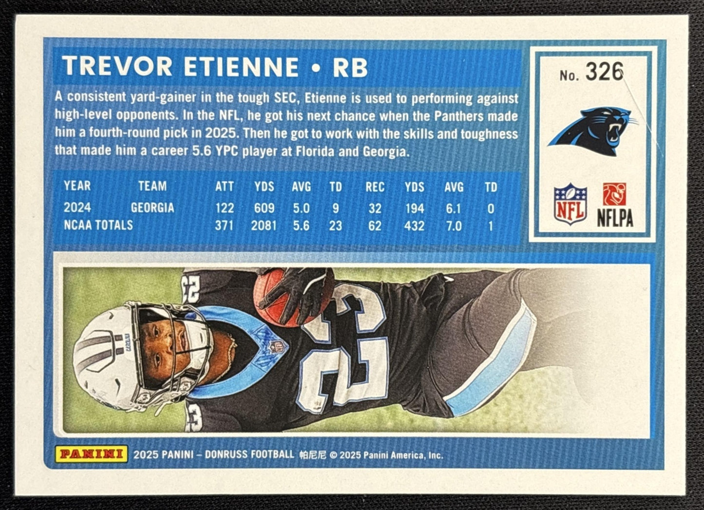 Trevor Etienne 2025 Panini Donruss Rated Rookie Press Proof Blue Panthers back